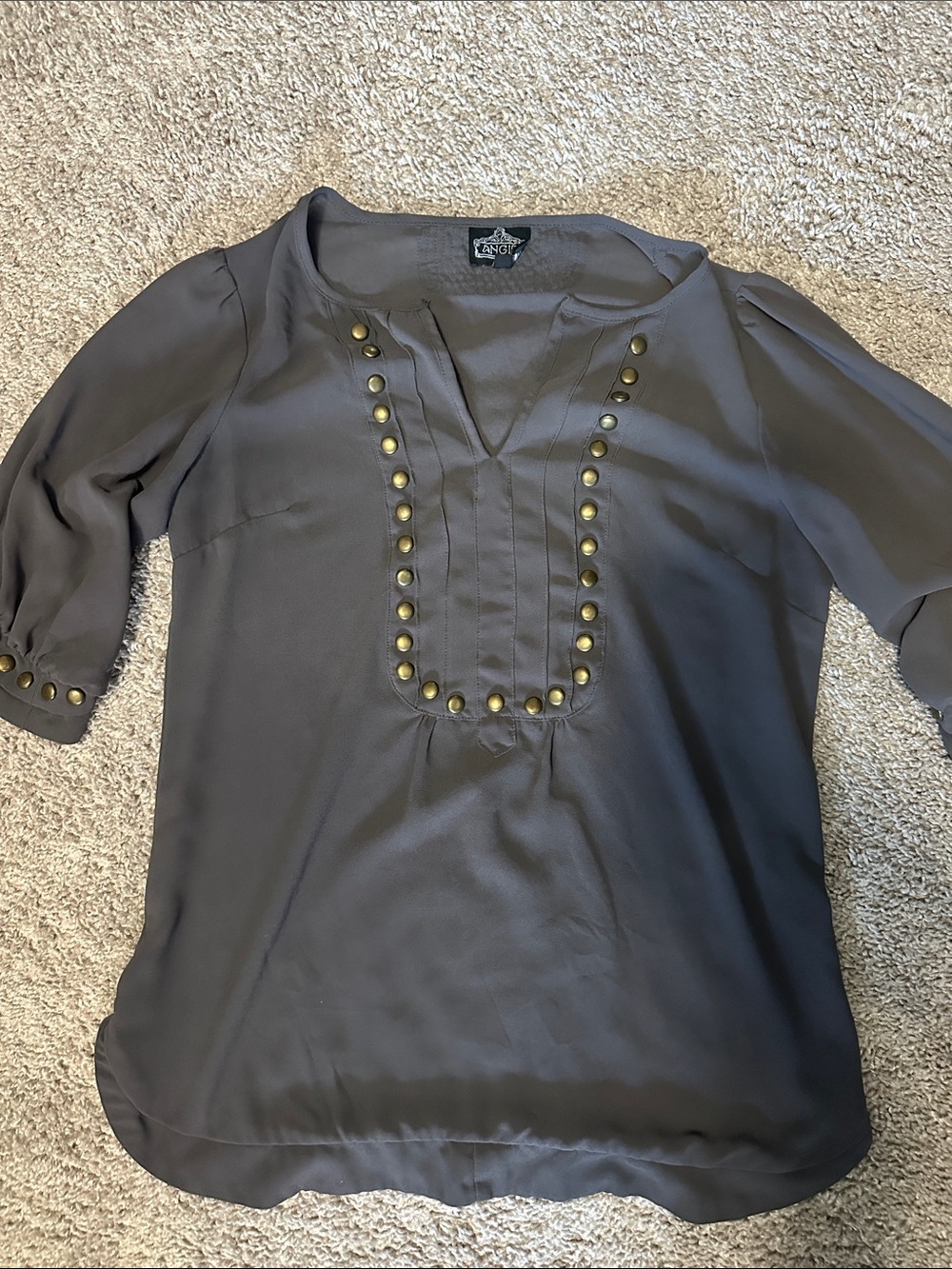 Angie Womens Shirt medium grey Short Sleeve V Neck Tunic Sheer Metal Studs